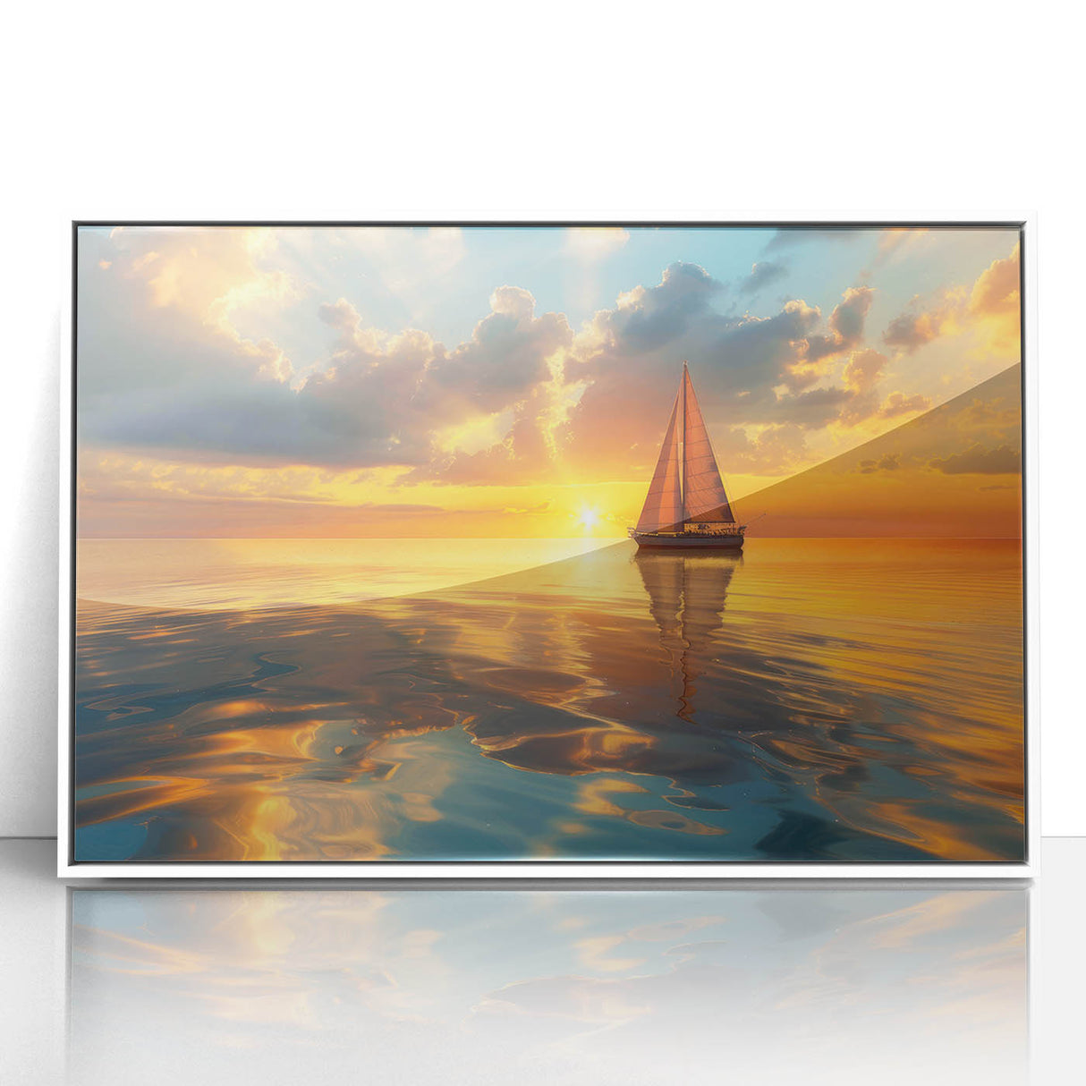 Mid-century modernist style sailboat on a calm sea, framed acrylic print in muted blue and white tones.