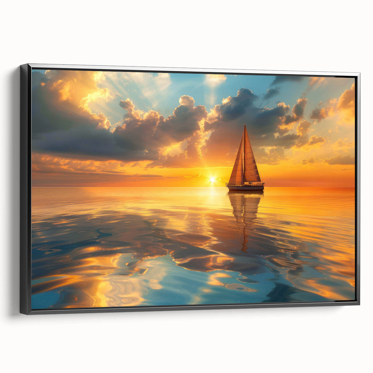 Black and white photo of a sailboat on calm waters, framed canvas, ideal for bedroom wall decor.
