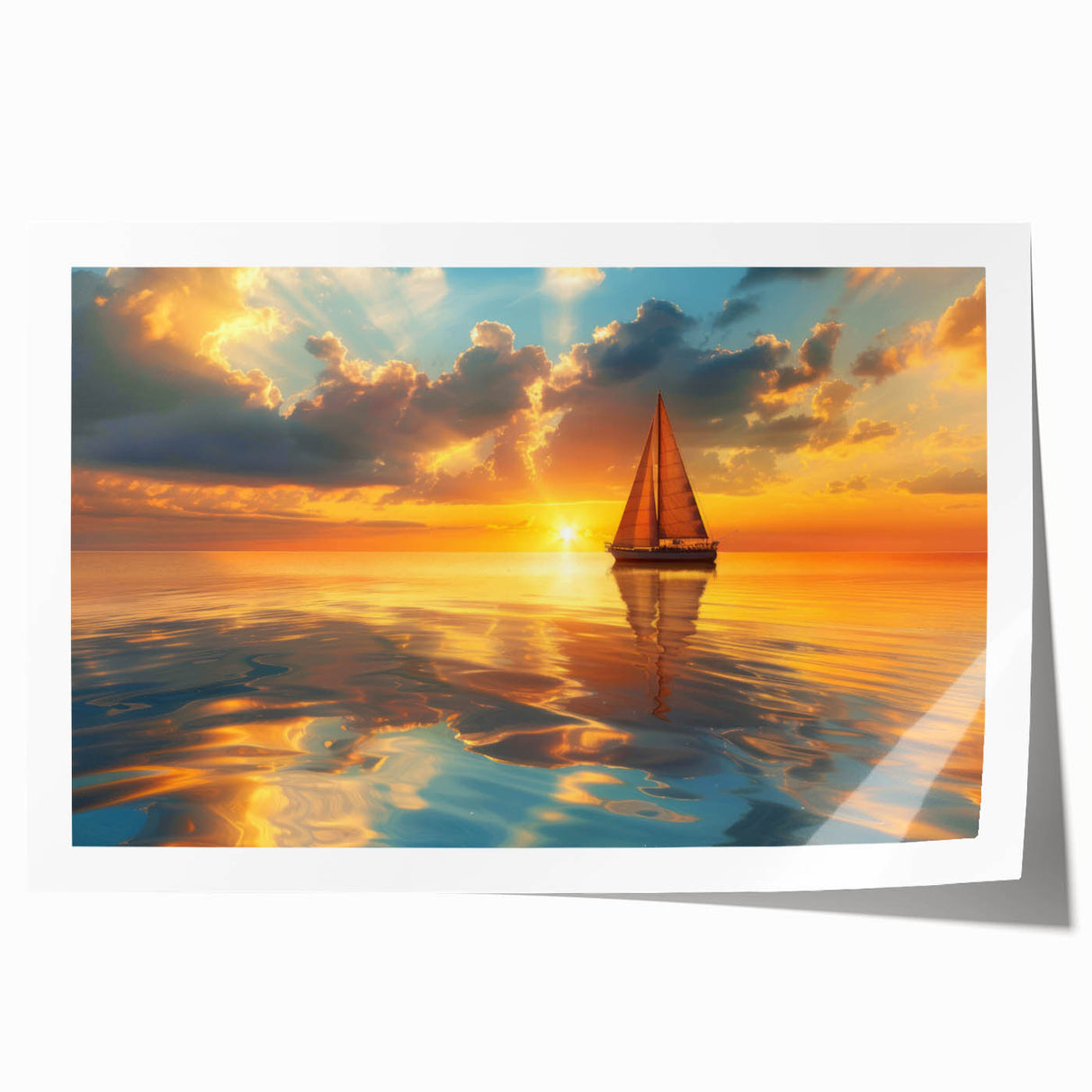 Extra large wall art featuring a sailboat on a calm sea, printed on rolled canvas, suitable for dining room decor.