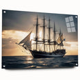 Acrylic print of a side-view sailboat in muted blue and white tones, suitable for bedroom or dining room decor.
