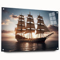 Acrylic print of a side-view sailboat in muted blue and white tones, suitable for bedroom or dining room wall art.