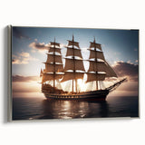 Vintage poster art of a sailboat, featuring a black and colorful palette on a silver-framed extra large canvas.