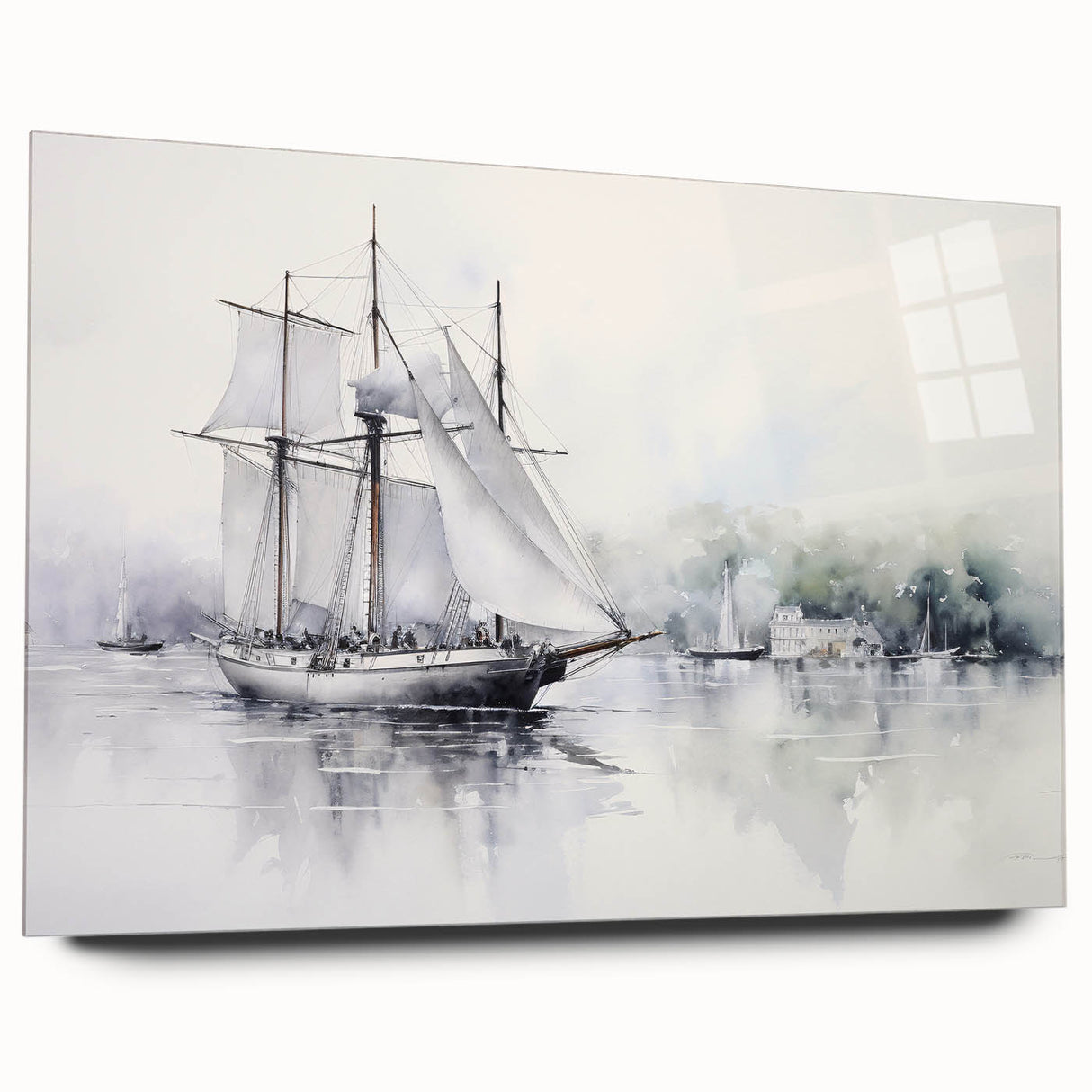 Acrylic print of a large abstract sailboat in blue and white tones, suitable for bedroom or dining room wall art.