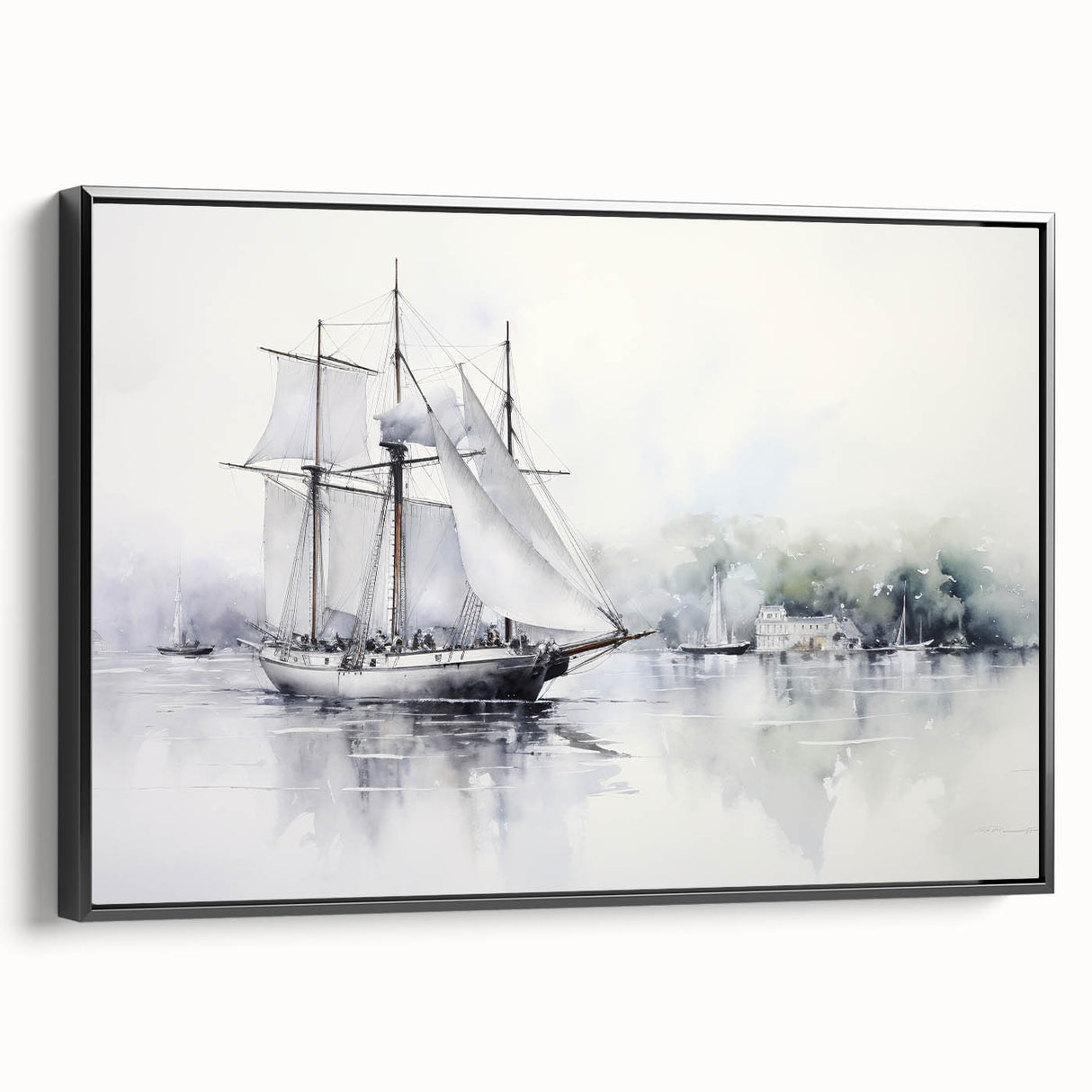 Black and white framed canvas of a vintage sailboat, ideal for bedroom wall decor.