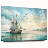 Acrylic print of a large abstract sailboat, using blue and white shades, ideal for bedroom or dining room decor.