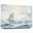 Acrylic print of a sailboat on a calm sea in muted blue tones, suitable for bedroom or dining room decor.