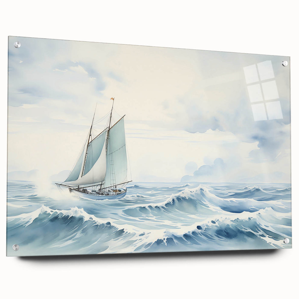 Acrylic print of a sailboat on a calm sea in muted blue tones, suitable for bedroom or dining room decor.