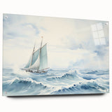 Acrylic print of a sailboat on a calm sea in muted blue tones, suitable for bedroom or dining room decor.