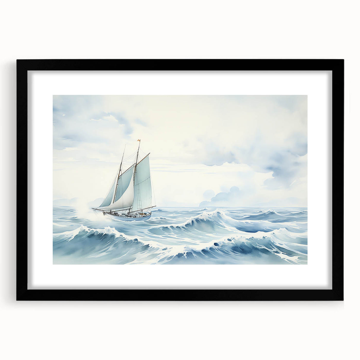Abstract art print of a colorful sailboat, textured appearance on a black framed canvas, ideal for living room decor.