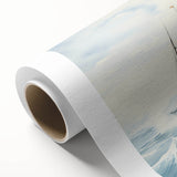 Art deco style poster of a sailboat on rolled canvas, featuring muted blue and beige tones, ideal for nursery wall art.