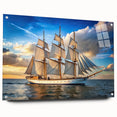 Acrylic print of a large abstract sailboat in shades of blue and white, suitable for bedroom or dining room wall art.