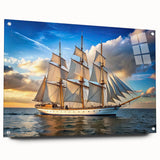 Acrylic print of a large abstract sailboat in shades of blue and white, suitable for bedroom or dining room wall art.