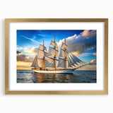 Abstract textured art print of a sailboat in muted blue and white, framed in gold, ideal for bedroom wall decor.