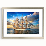 Abstract art print of a sailboat in muted blue and white tones on a silver-framed canvas.