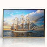 Mid-century modernist sailboat painting in acrylic, featuring cool blue and white hues, framed in gold.