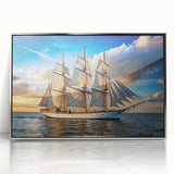 Framed acrylic print of a sailboat in art deco style, featuring silver and blue tones, ideal for modern nursery wall art.