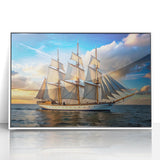 Mid-century modernist style sailboat on a blue ocean, pale sky background, displayed in a white acrylic frame.