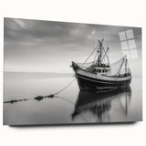Acrylic print of a large abstract sailboat in cool blue and gray tones, suitable for bedroom or dining room art.