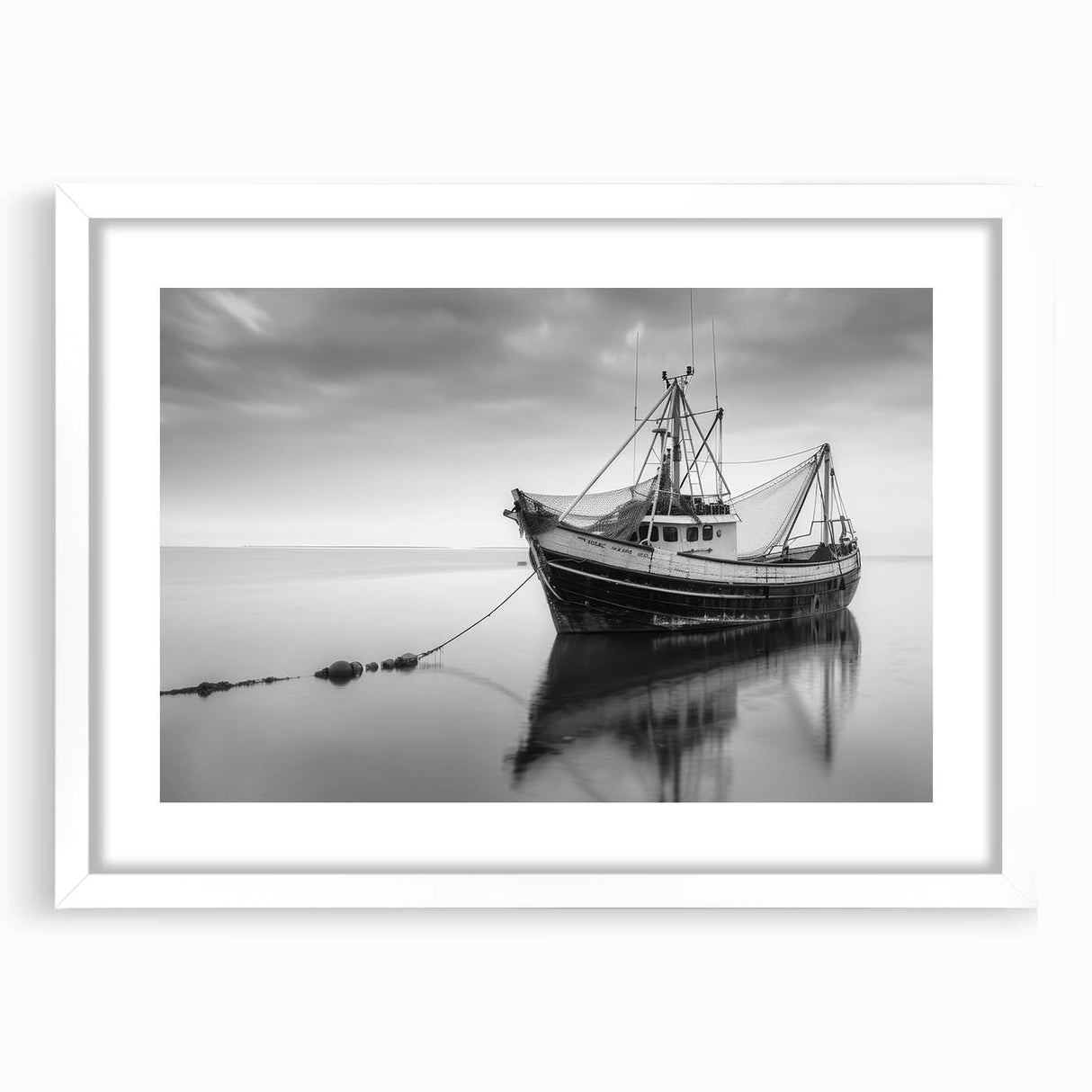 Extra large abstract art print featuring a textured sailboat design in muted blues and grays, on a framed white mat.