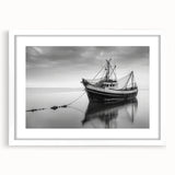 Extra large abstract art print featuring a textured sailboat design in muted blues and grays, on a framed white mat.