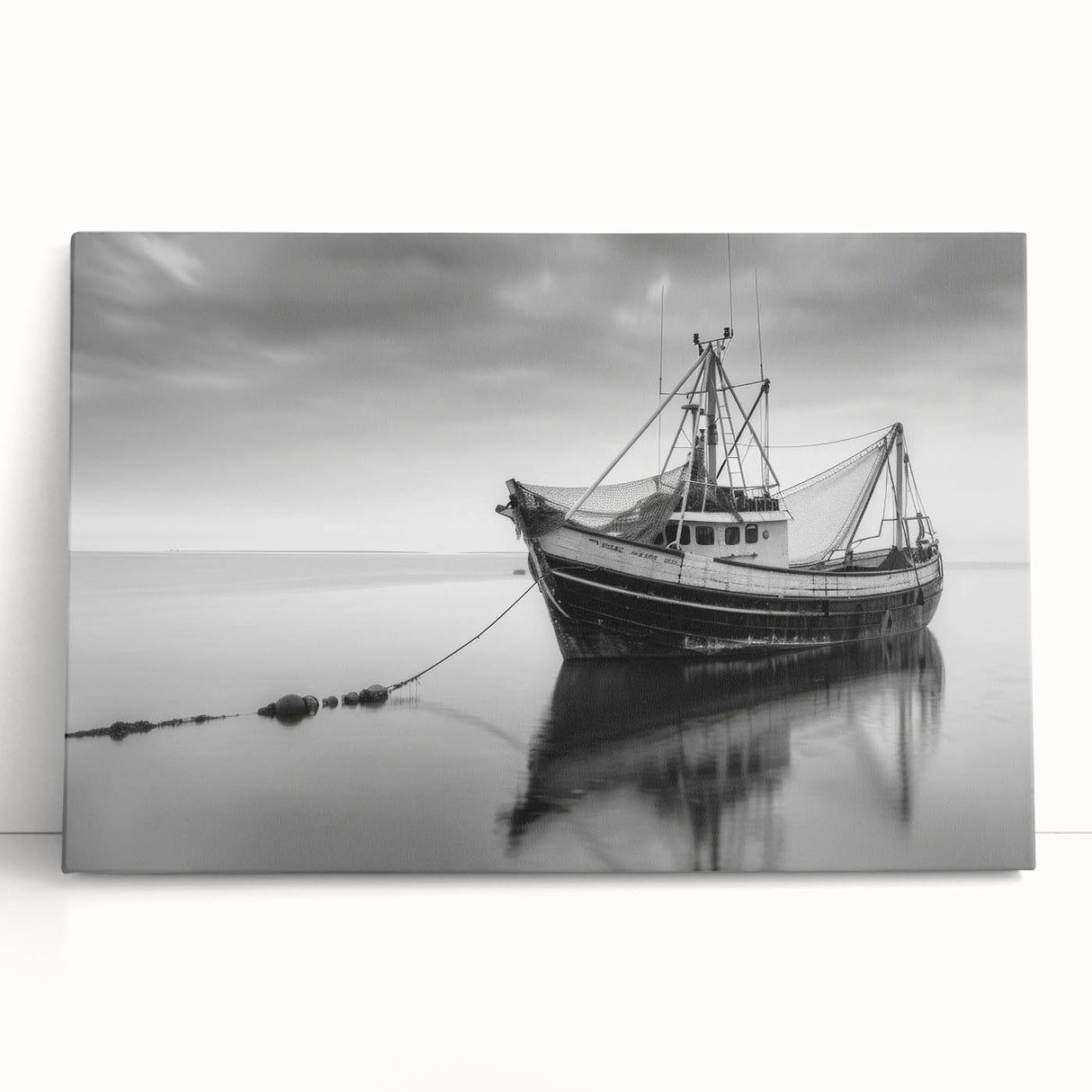Black and white image of a sailboat on stretched canvas, suitable as large kitchen or bedroom wall art.
