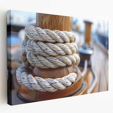 Sailboat on calm waters depicted in muted blue and white hues on a stretched canvas, ideal for kitchen wall art.