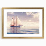Textured art print of an abstract sailboat in muted blue and white tones on a gold-framed canvas, suitable for bedroom decor.