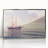 Art deco style sailboat poster in muted blue tones, silver-framed acrylic, ideal for modern nursery wall art.