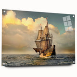 Acrylic print of a large abstract depiction of ships in muted blue and gray tones, ideal for dining room decor.