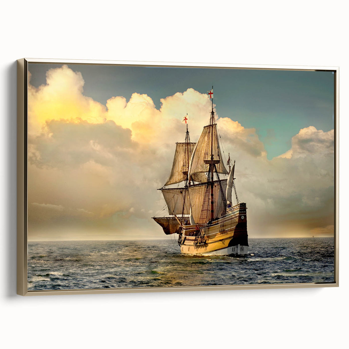 Framed canvas landscape art painting featuring a vintage ship design in black with colorful accents, ideal for office decor.