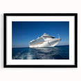 Colorful abstract art print of a stylized ship, featuring vibrant blue and orange hues on a textured canvas.