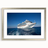 Abstract art print of a stylized ship in silver and blue tones on a framed canvas, suitable for dining room decor.