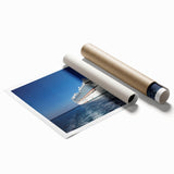 Extra large wall art of a ship at sea in muted blue and white tones, rolled print, suitable for large living room decor.
