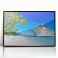 Large abstract wall art of a stylized ship in black and gray tones on a framed acrylic, ideal for modern office decor.
