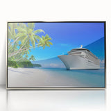 Art deco poster of a silver ship on a dark ocean, printed on framed acrylic.