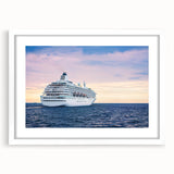 Extra large abstract art print of a ship in textured blues and grays on a white framed canvas, ideal for living room decor.