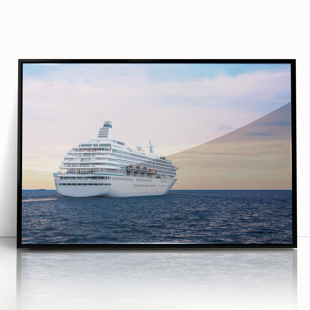 Large abstract wall art of a stylized ship in black and gray tones on a framed acrylic.
