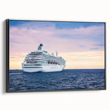 Black and white framed canvas featuring a vintage poster art style landscape of boats on water, ideal for bedroom wall decor.