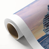 Art deco style poster of a vintage ship on a rolled canvas, with soft pastel colors, suitable for nursery wall art.