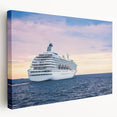 Large art print of a ship on the sea in muted blue and gray tones on stretched canvas, suitable for kitchen wall art.