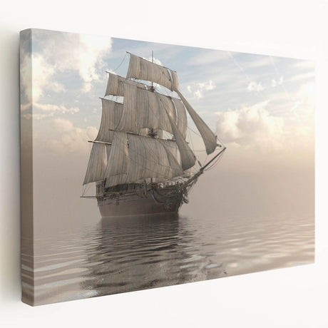 Large art print of a vintage ship on a stretched canvas, featuring muted blue and gray tones, ideal for kitchen wall art.