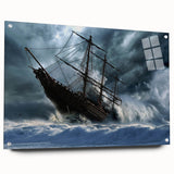 Acrylic print of a large abstract depiction of a ship in muted blue and gray tones.