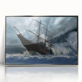 Art deco style poster of a vintage ship in muted blue and silver tones, framed acrylic.