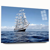 Large abstract wall art of a ship, in muted blue and gray tones on acrylic glass, ideal for dining room art.