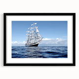 Extra large abstract art print of a colorful, textured ship on black framed canvas, ideal for living room decor.