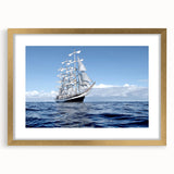 Abstract art print of a textured ship in gold and white tones on a framed canvas, suitable for bedroom wall decor.