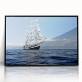 Large abstract wall art of a stylized ship in black and white tones, acrylic print in a black frame.
