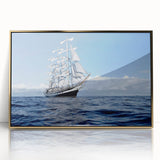 Mid-century modernist art depicting a ship, framed in gold acrylic, with muted blue and gray tones.