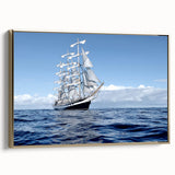 Framed canvas featuring a vintage-style landscape art painting of a ship, with a black and colorful art palette.