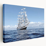 Large art of a vintage ship on stretched canvas, using muted blue and white tones, ideal for kitchen wall decor.